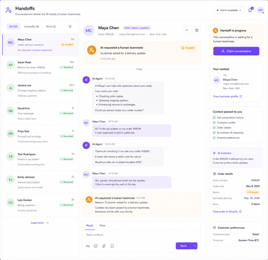 ChannelHub handoff inbox: a conversation the AI escalated, with the transcript, customer context and order details passed to a human agent